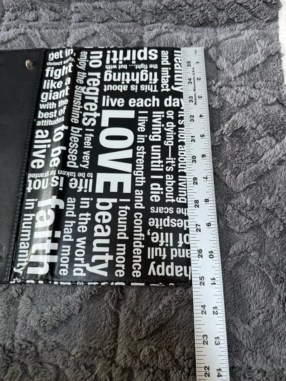 Miche Black and White Text Print Wallet with Silver Logo Plaque